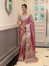 Banarasee Handwoven Plain Tissue Saree With Zari Border & Lace-Lilac