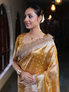 Banarasee Handwoven Tissue Saree With Zari Buti Design & Lace-Yellow