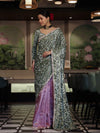 Banarasee Mirror Embroidered Velvet & Tissue Saree-Mint Green