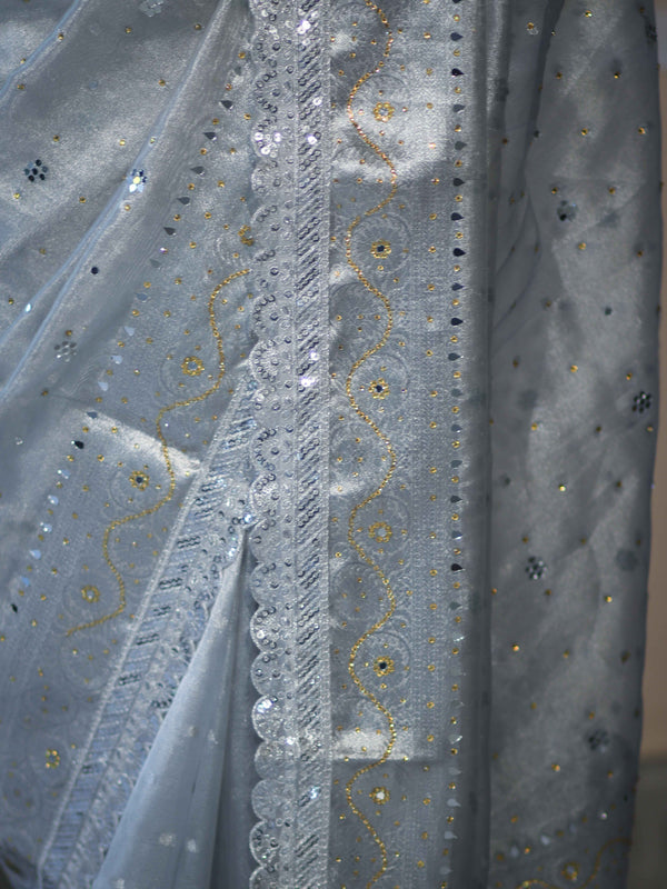Banarasee Tissue Hand Embroidered Mirror Work Saree With Pearl Motifs & Swarovski Work-Silver
