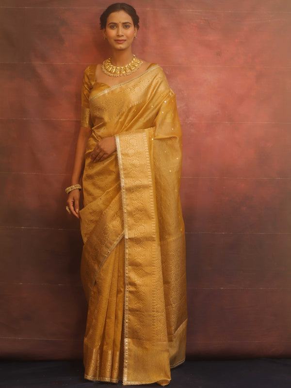 Banarasee Handwoven Mirror Work Crushed Tissue Saree With Border & Lace-Gold