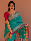 Banarasee Handwoven Cotton Silk Patola Design Saree With Zari & Resham Border-Blue & Pink