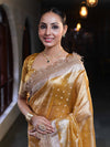 Banarasee Handwoven Tissue Saree With Zari Buti Design & Lace-Yellow