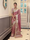 Banarasee Handwoven Plain Tissue Saree With Zari Border & Lace-Lilac
