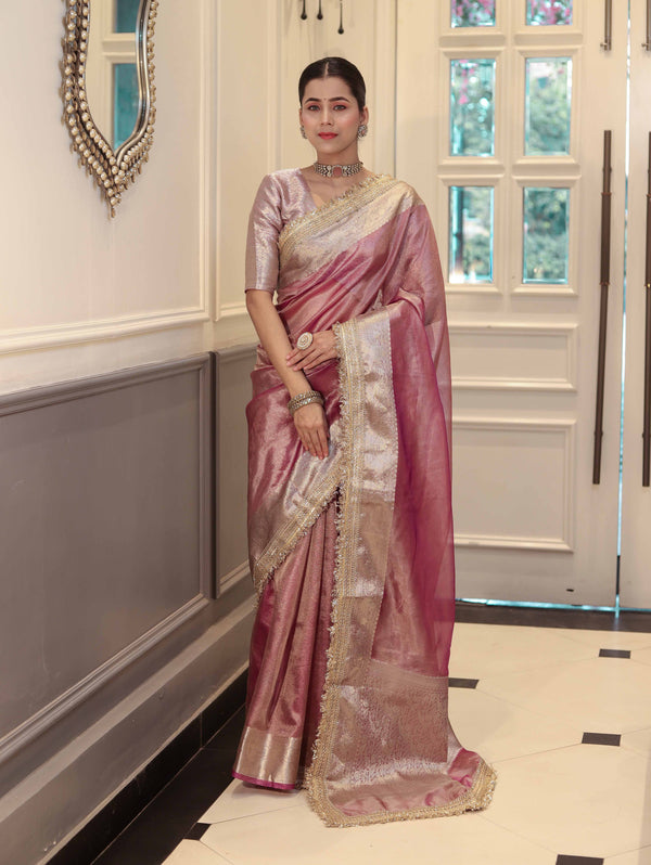 Banarasee Handwoven Plain Tissue Saree With Zari Border & Lace-Lilac