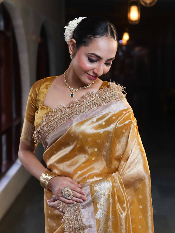 Banarasee Handwoven Tissue Saree With Zari Buti Design & Lace-Yellow