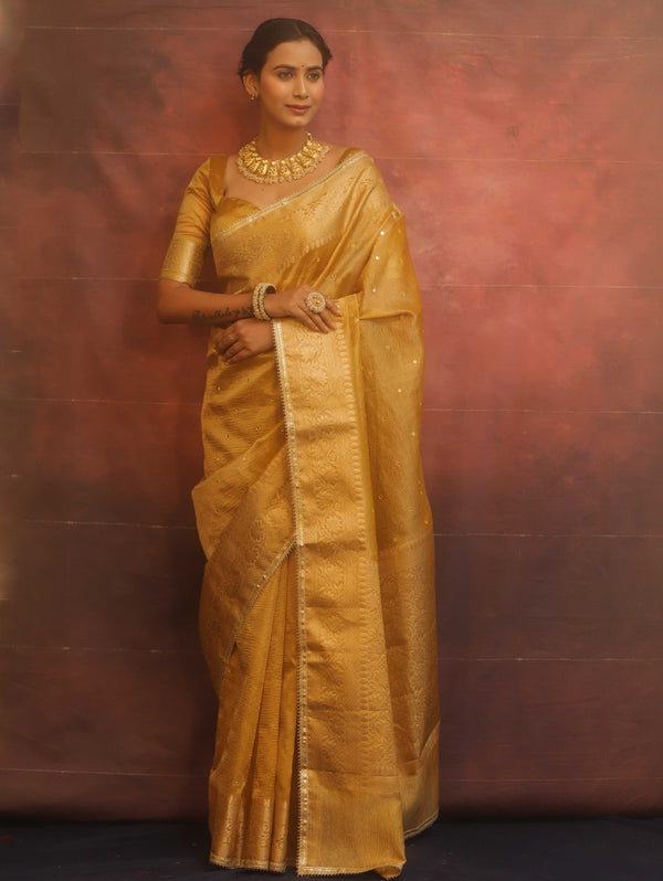 Banarasee Handwoven Mirror Work Crushed Tissue Saree With Border & Lace-Gold