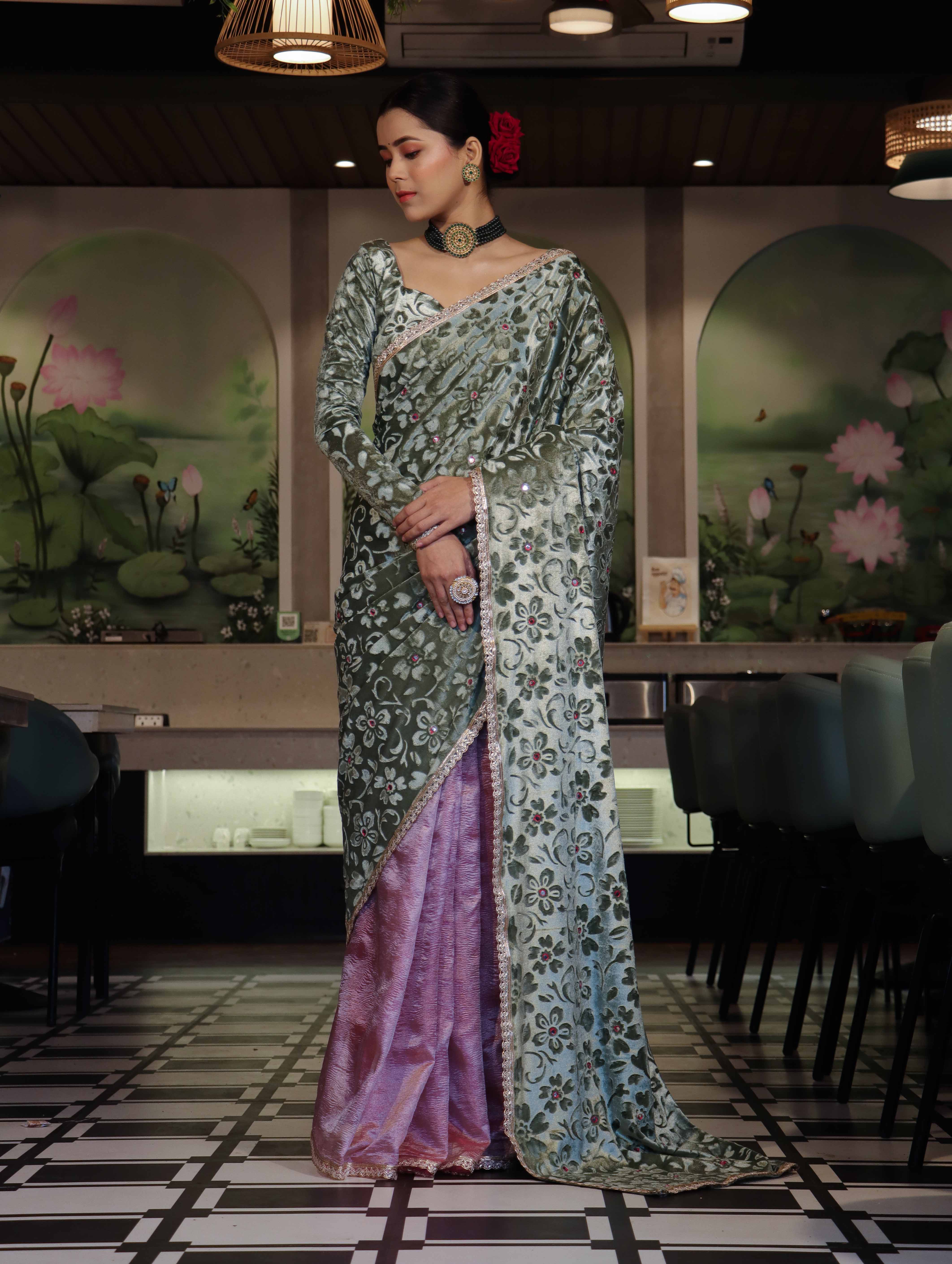 Banarasee Mirror Embroidered Velvet & Tissue Saree-Mint Green