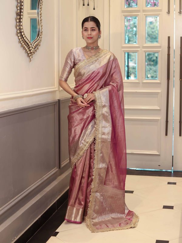 Banarasee Handwoven Plain Tissue Saree With Zari Border & Lace-Lilac