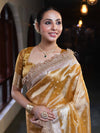 Banarasee Handwoven Tissue Saree With Zari Buti Design & Lace-Yellow