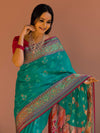 Banarasee Handwoven Cotton Silk Patola Design Saree With Zari & Resham Border-Blue & Pink