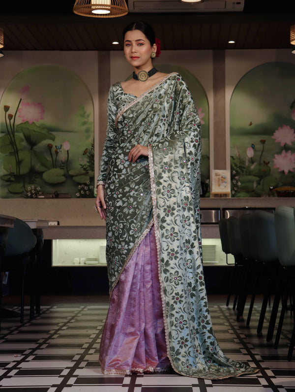 Banarasee Mirror Embroidered Velvet & Tissue Saree-Mint Green