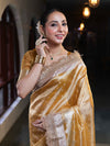 Banarasee Handwoven Tissue Saree With Zari Buti Design & Lace-Yellow
