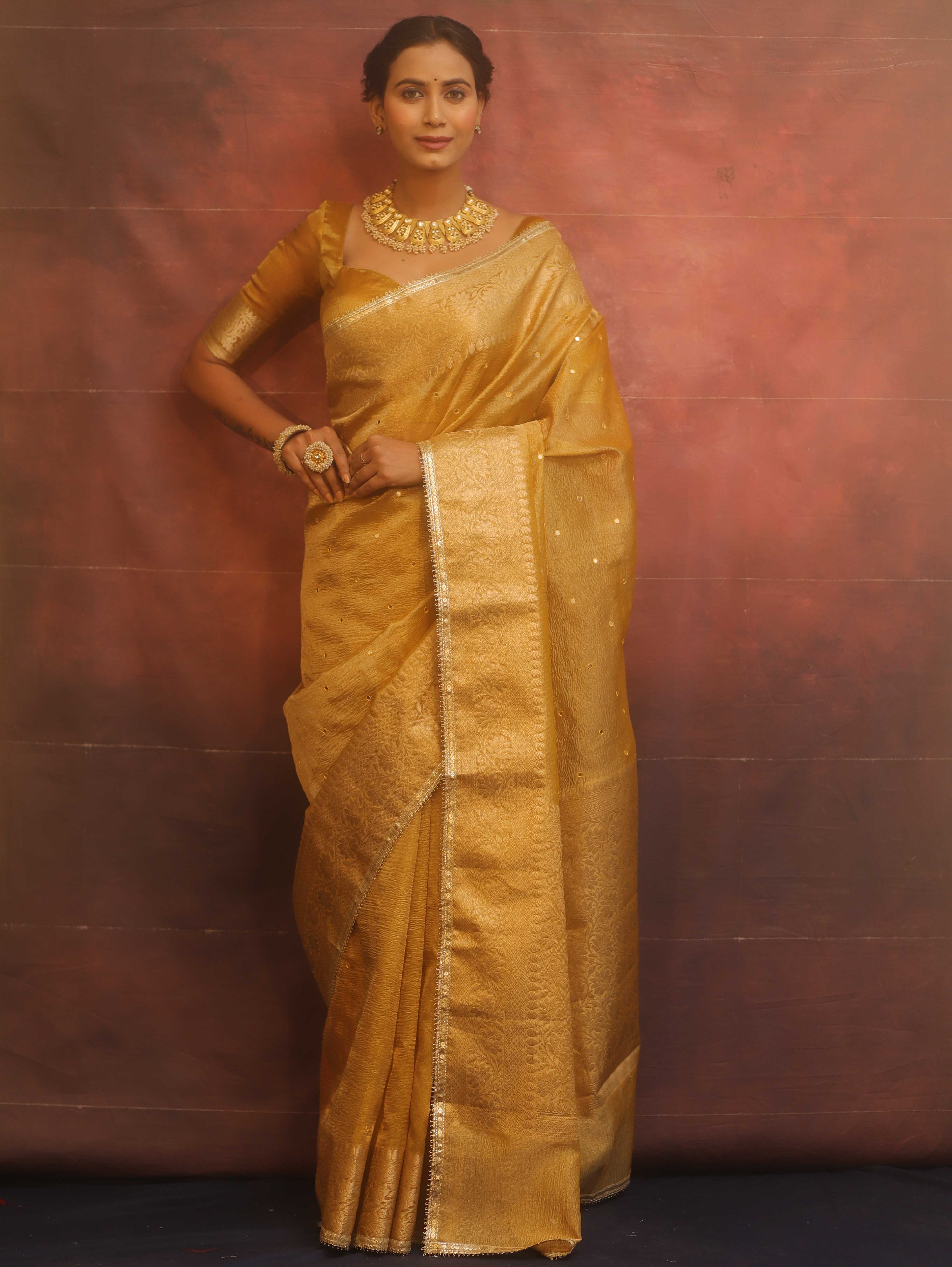 Banarasee Handwoven Mirror Work Crushed Tissue Saree With Border & Lace-Gold