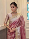 Banarasee Handwoven Plain Tissue Saree With Zari Border & Lace-Lilac