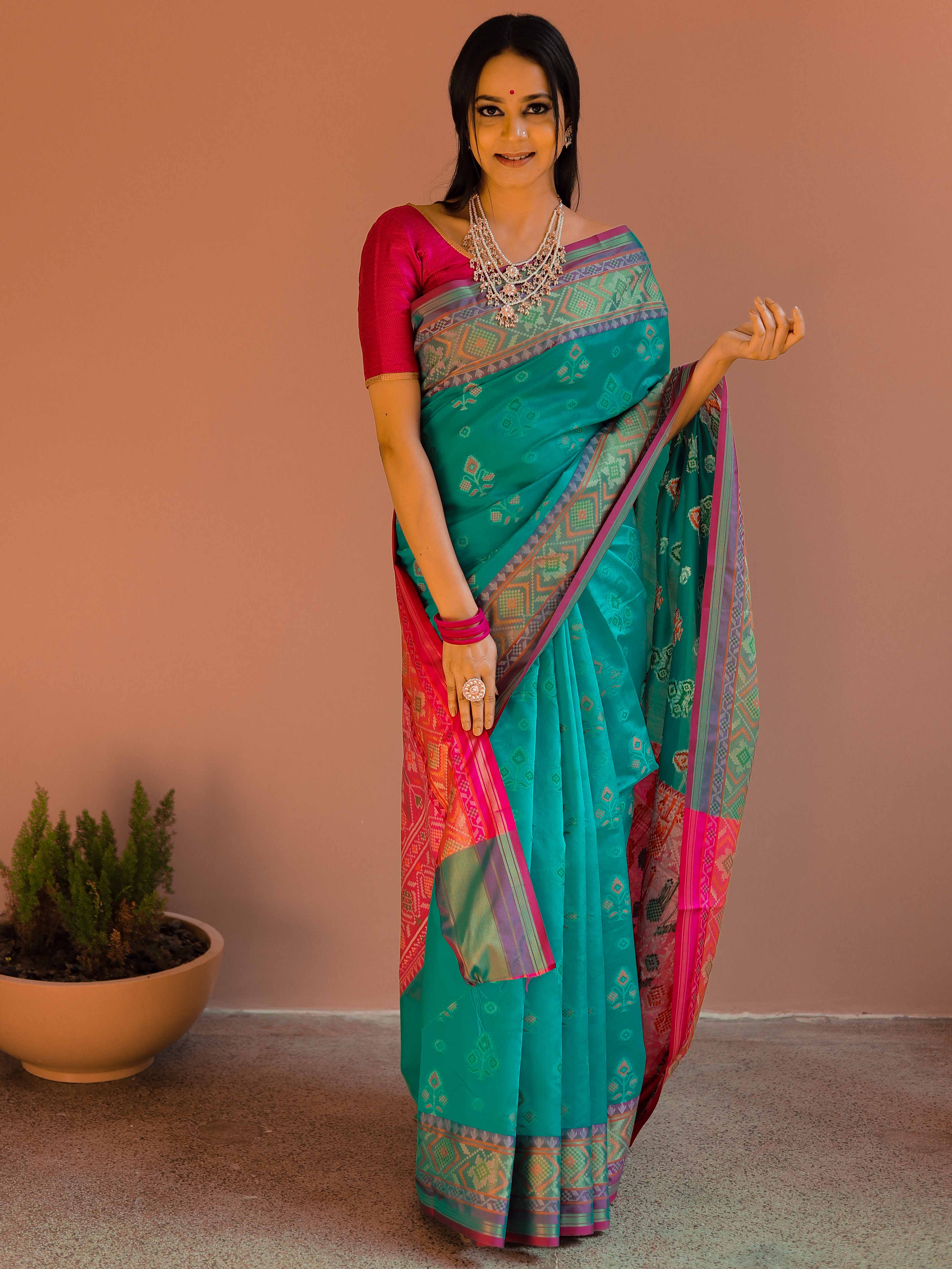 Banarasee Handwoven Cotton Silk Patola Design Saree With Zari & Resham Border-Blue & Pink