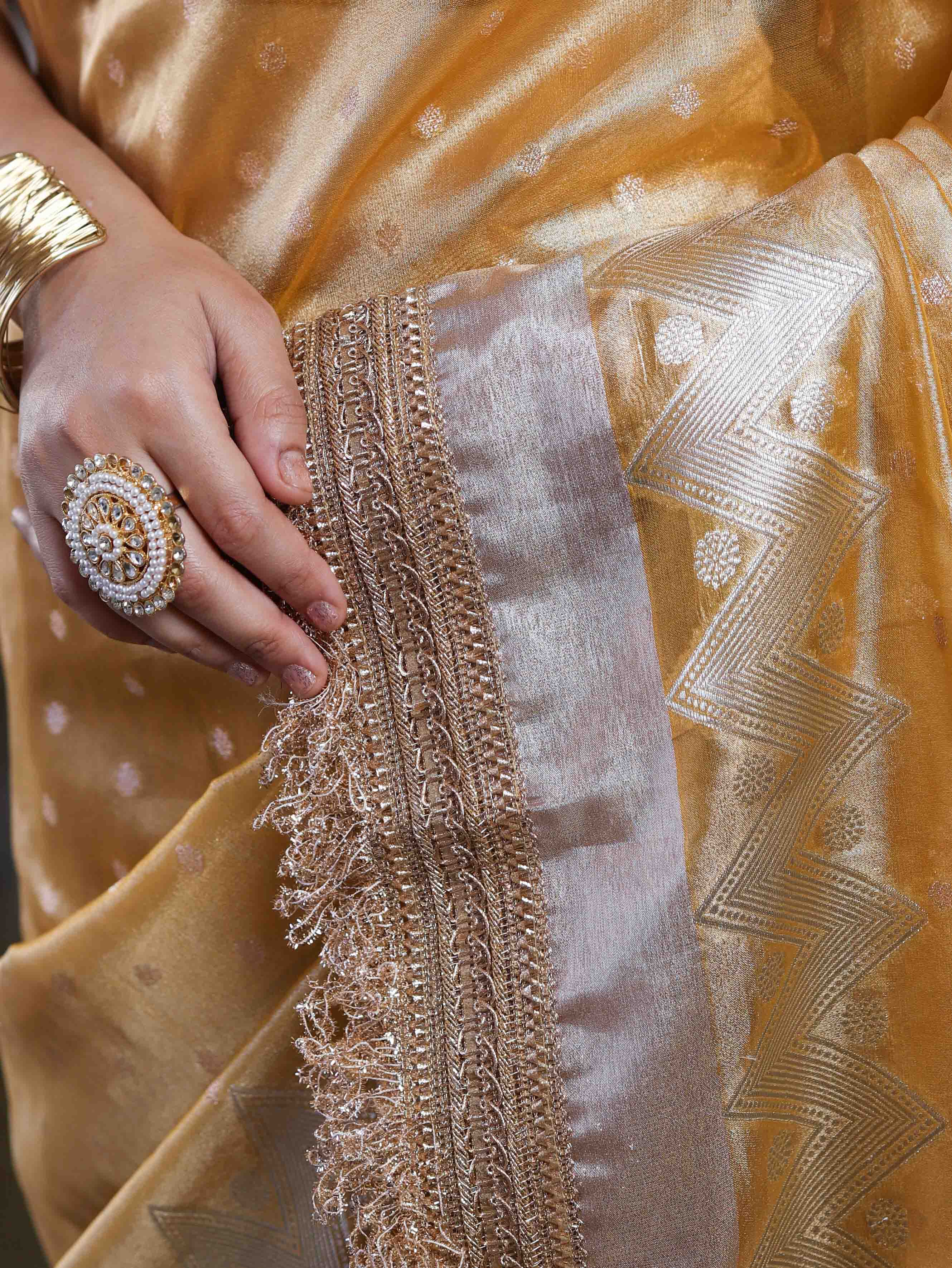 Banarasee Handwoven Tissue Saree With Zari Buti Design & Lace-Yellow