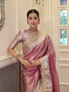 Banarasee Handwoven Plain Tissue Saree With Zari Border & Lace-Lilac