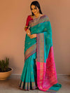 Banarasee Handwoven Cotton Silk Patola Design Saree With Zari & Resham Border-Blue & Pink
