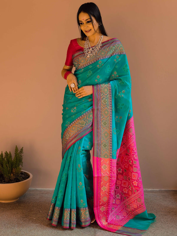 Banarasee Handwoven Cotton Silk Patola Design Saree With Zari & Resham Border-Blue & Pink