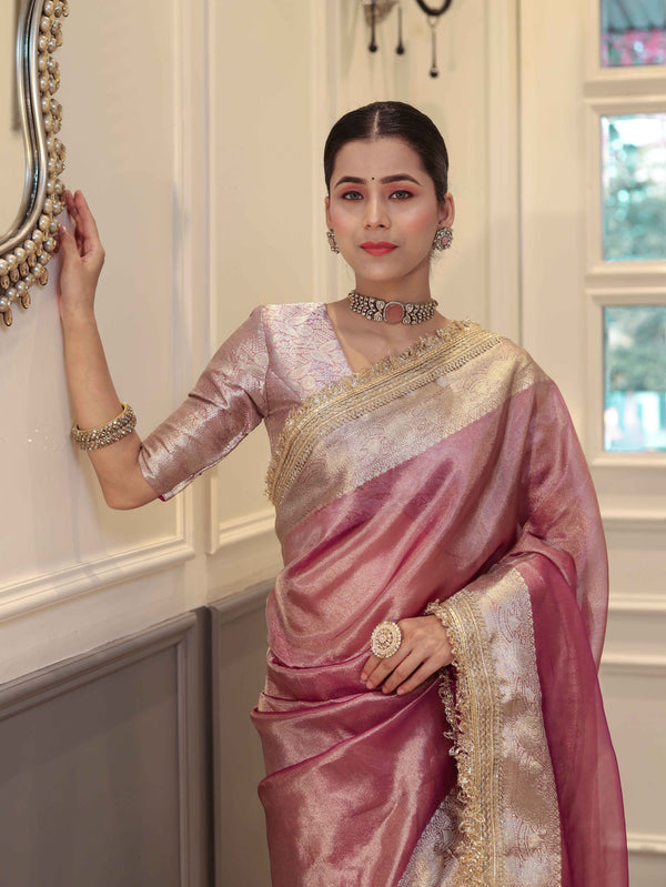 Banarasee Handwoven Plain Tissue Saree With Zari Border & Lace-Lilac