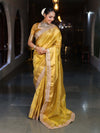 Banarasee Handwoven Plain Tissue Saree With Gold Zari Border & Lace-Yellow