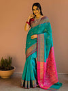 Banarasee Handwoven Cotton Silk Patola Design Saree With Zari & Resham Border-Blue & Pink