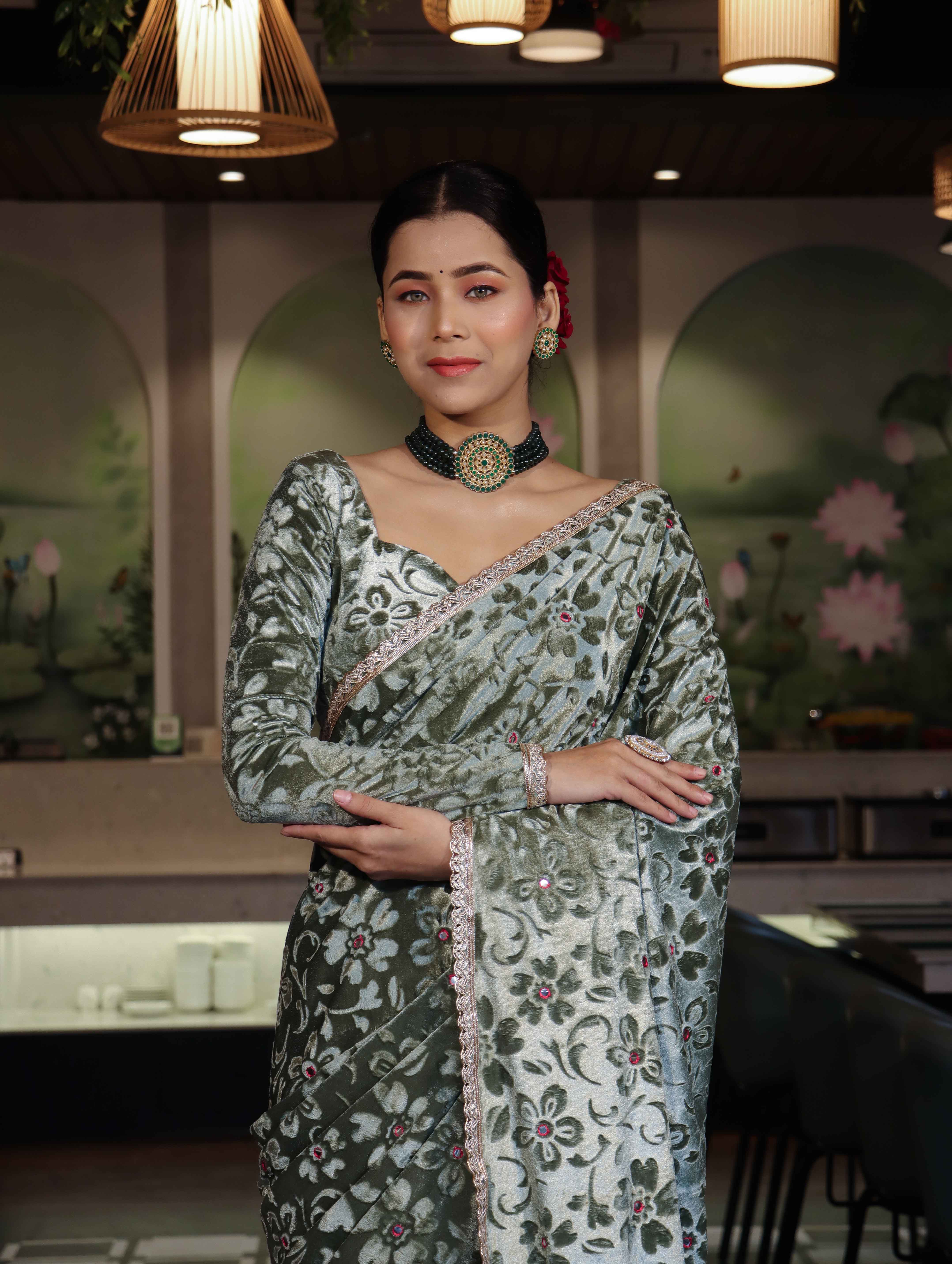 Banarasee Mirror Embroidered Velvet & Tissue Saree-Mint Green