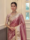 Banarasee Handwoven Plain Tissue Saree With Zari Border & Lace-Lilac