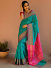 Banarasee Handwoven Cotton Silk Patola Design Saree With Zari & Resham Border-Blue & Pink