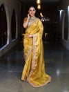 Banarasee Handwoven Plain Tissue Saree With Gold Zari Border & Lace-Yellow