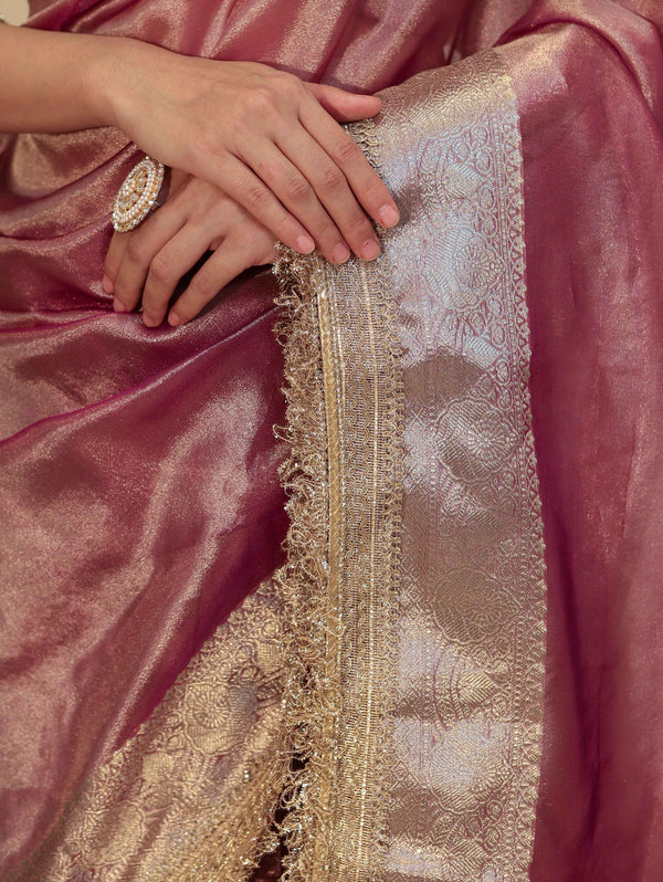 Banarasee Handwoven Plain Tissue Saree With Zari Border & Lace-Lilac