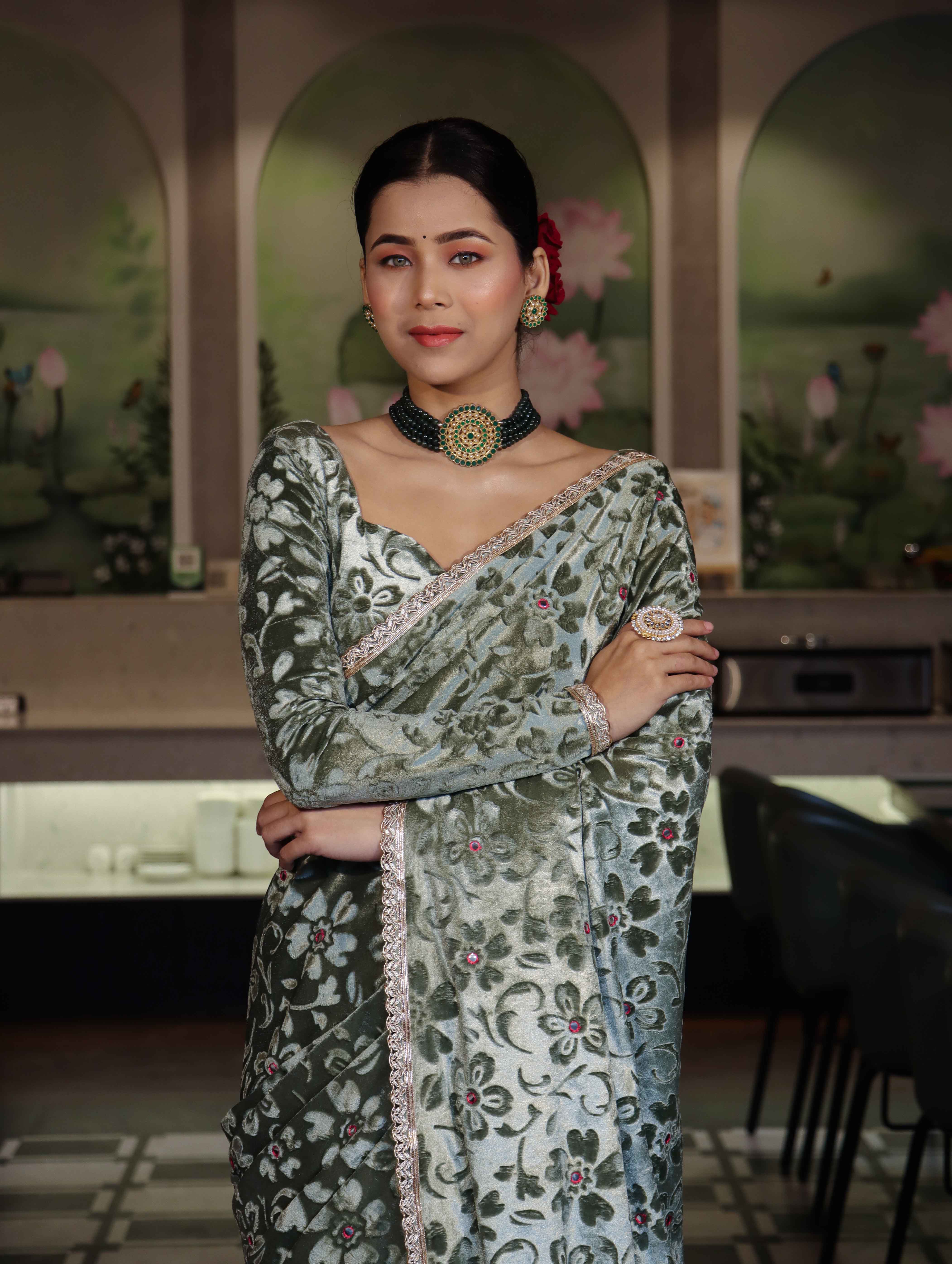 Banarasee Mirror Embroidered Velvet & Tissue Saree-Mint Green