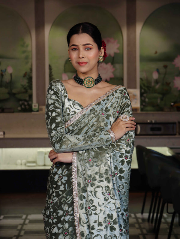 Banarasee Mirror Embroidered Velvet & Tissue Saree-Mint Green