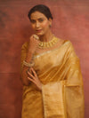 Banarasee Handwoven Mirror Work Crushed Tissue Saree With Border & Lace-Gold