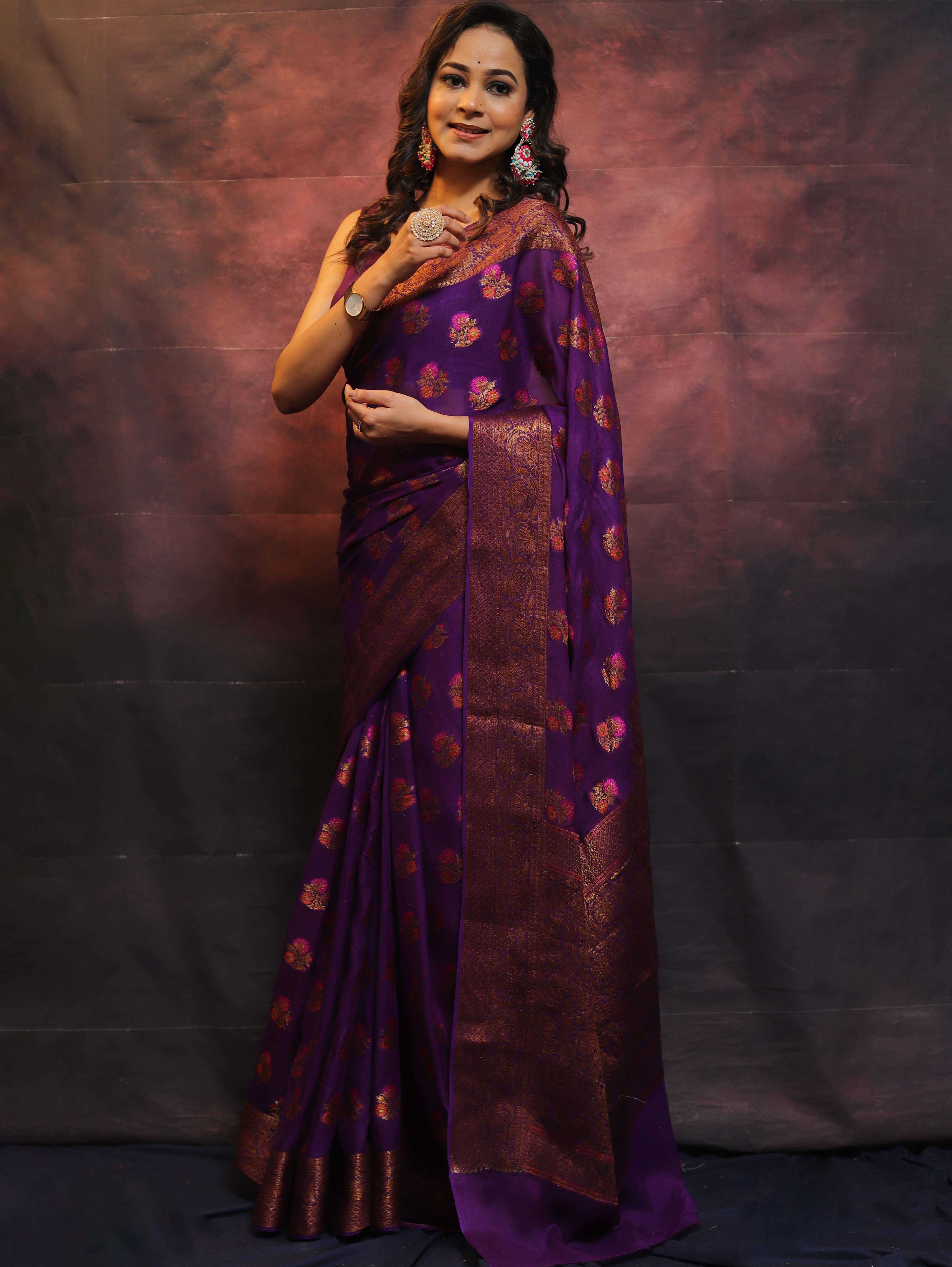 Banarasee  Handwoven Pure Chiffon Saree With Meenakari Work-Violet