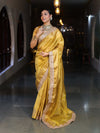 Banarasee Handwoven Plain Tissue Saree With Gold Zari Border & Lace-Yellow
