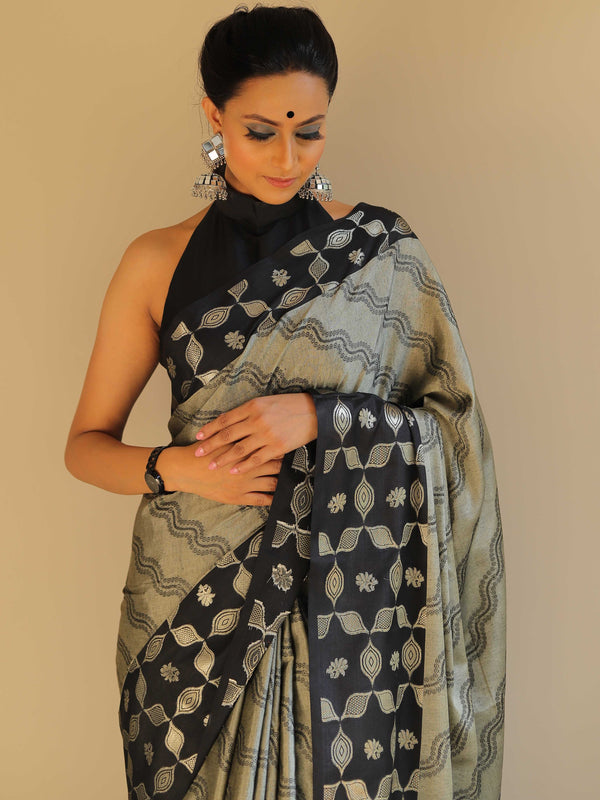 Banarasee Handloom Linen Silk Mix Saree-Grey & Black