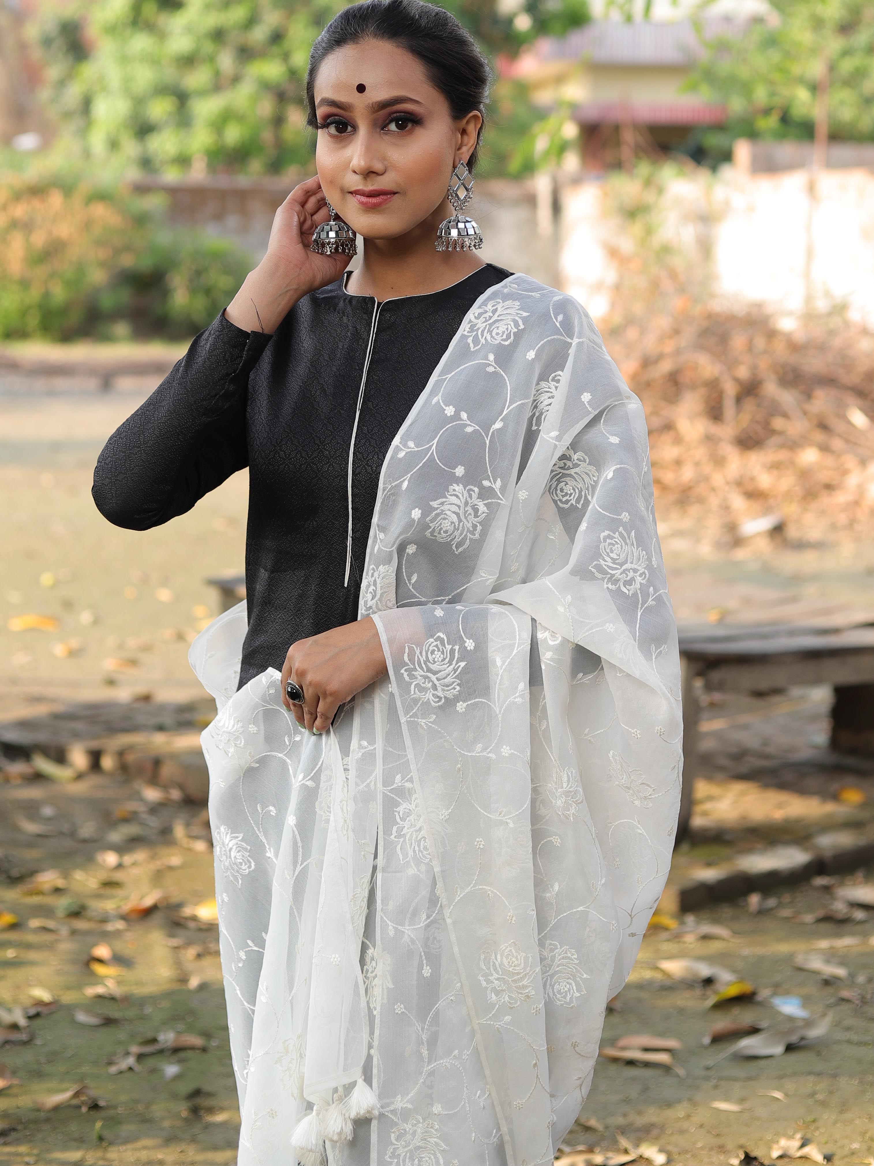 Banarasee Brocade Salwar Kameez Fabric With Embroidered Dupatta-Black & White