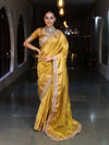 Banarasee Handwoven Plain Tissue Saree With Gold Zari Border & Lace-Yellow