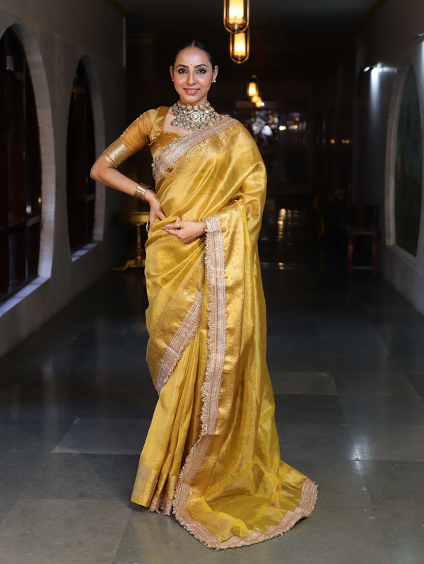 Banarasee Handwoven Plain Tissue Saree With Gold Zari Border & Lace-Yellow