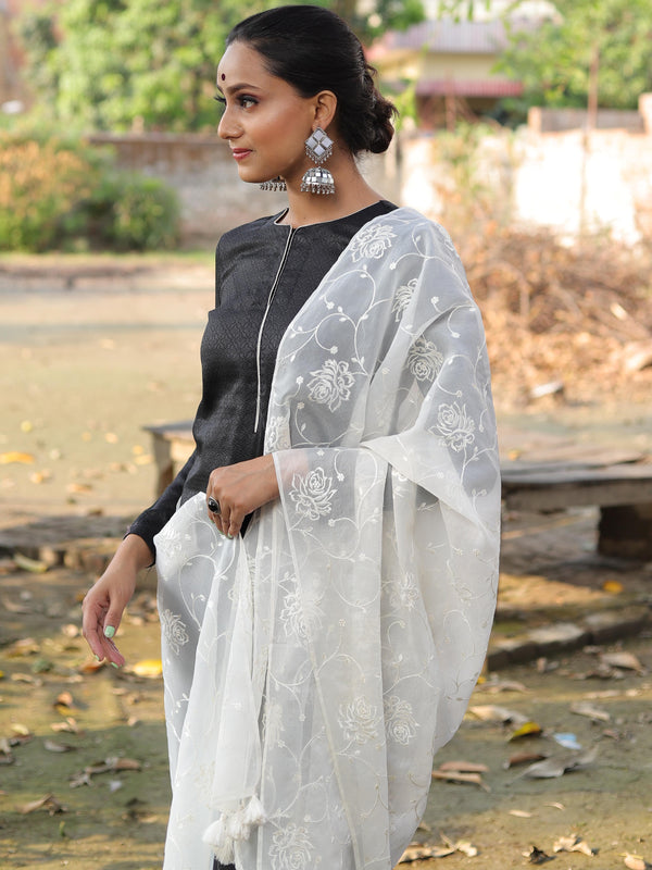 Banarasee Brocade Salwar Kameez Fabric With Embroidered Dupatta-Black & White