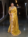 Banarasee Handwoven Plain Tissue Saree With Gold Zari Border & Lace-Yellow