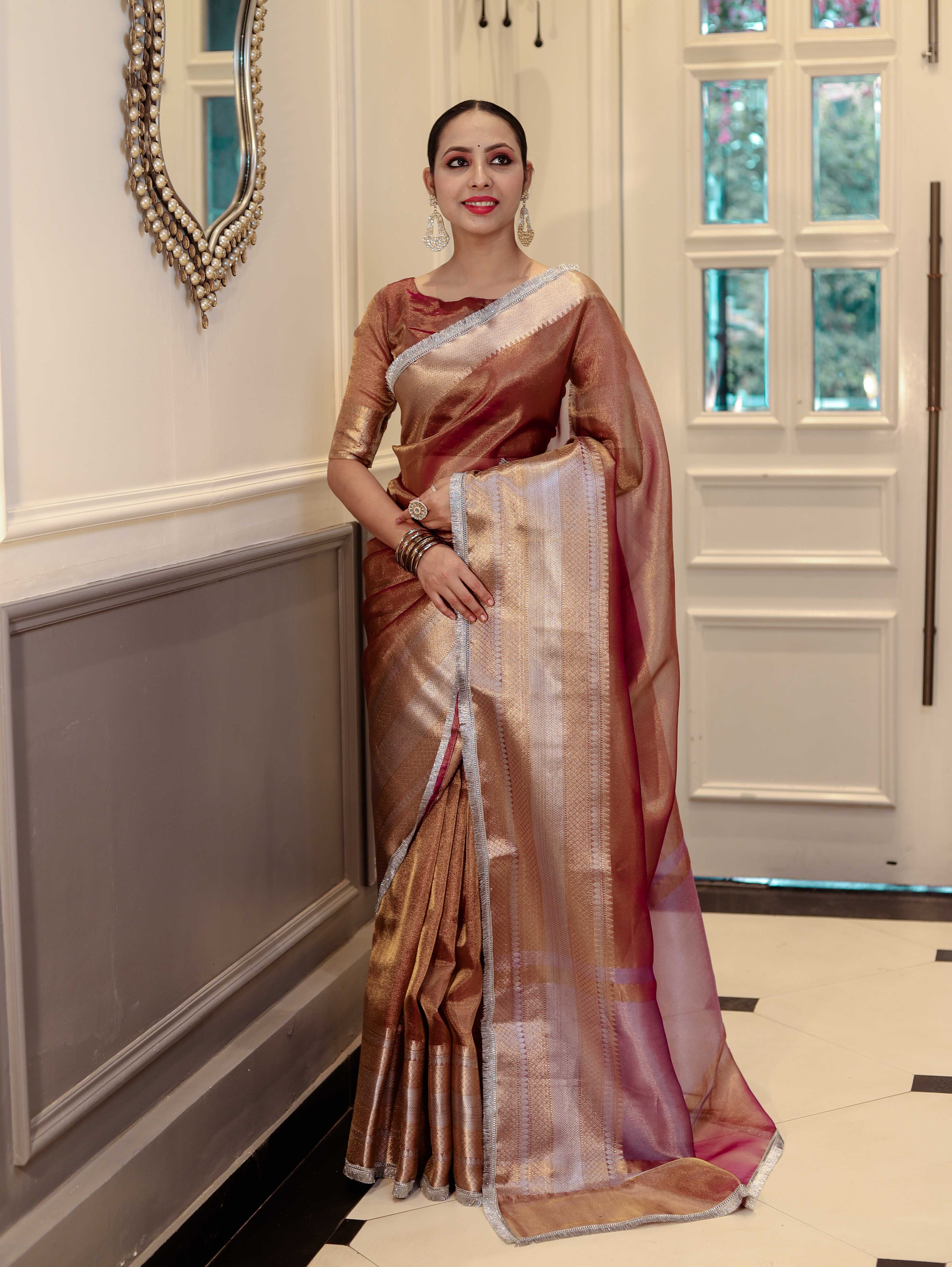 Banarasee Handwoven Dual Shade Plain Tissue Saree With Broad Zari Border & Lace-Rust