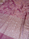 Banarasee Handwoven Tissue Zari Woven Mirror Work Saree-Light Pink