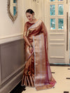 Banarasee Handwoven Dual Shade Plain Tissue Saree With Broad Zari Border & Lace-Rust
