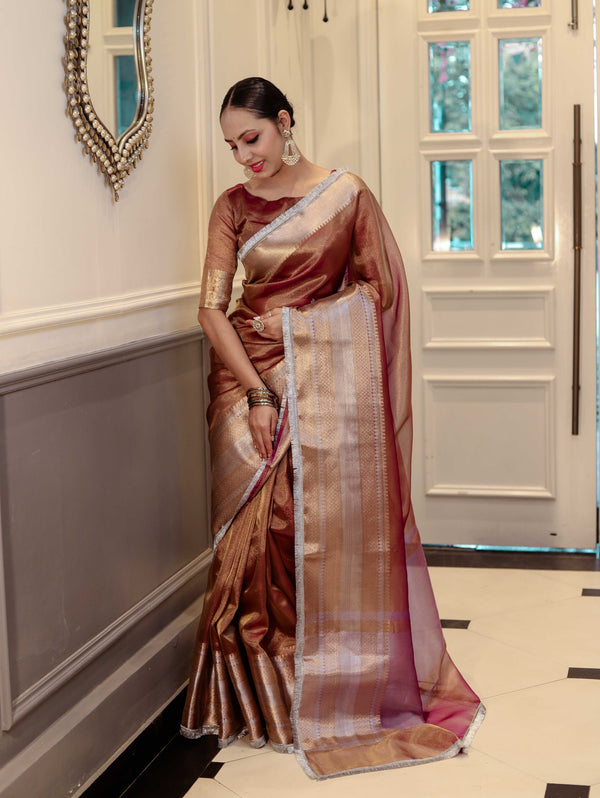 Banarasee Handwoven Dual Shade Plain Tissue Saree With Broad Zari Border & Lace-Rust