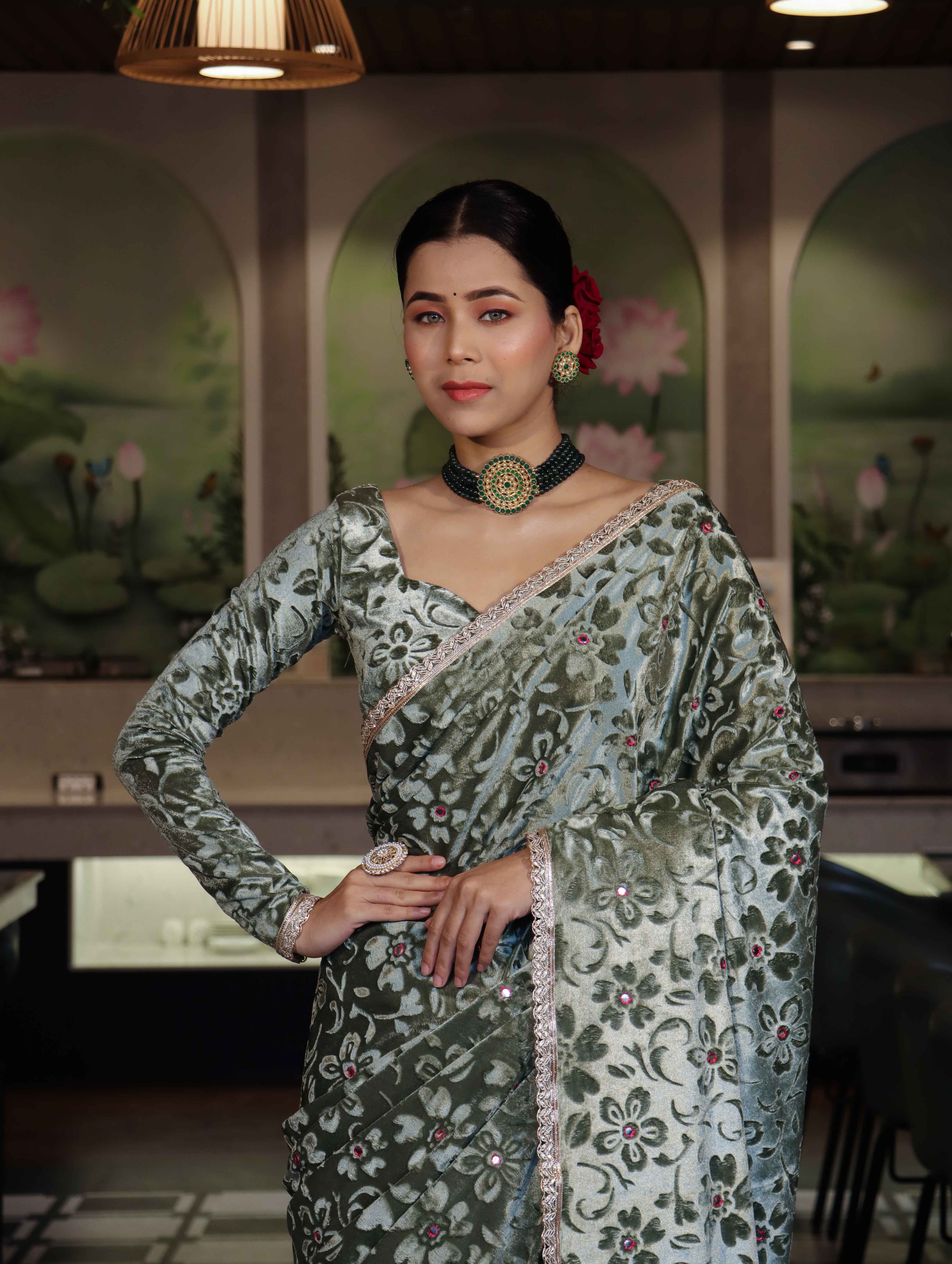 Banarasee Mirror Embroidered Velvet & Tissue Saree-Mint Green