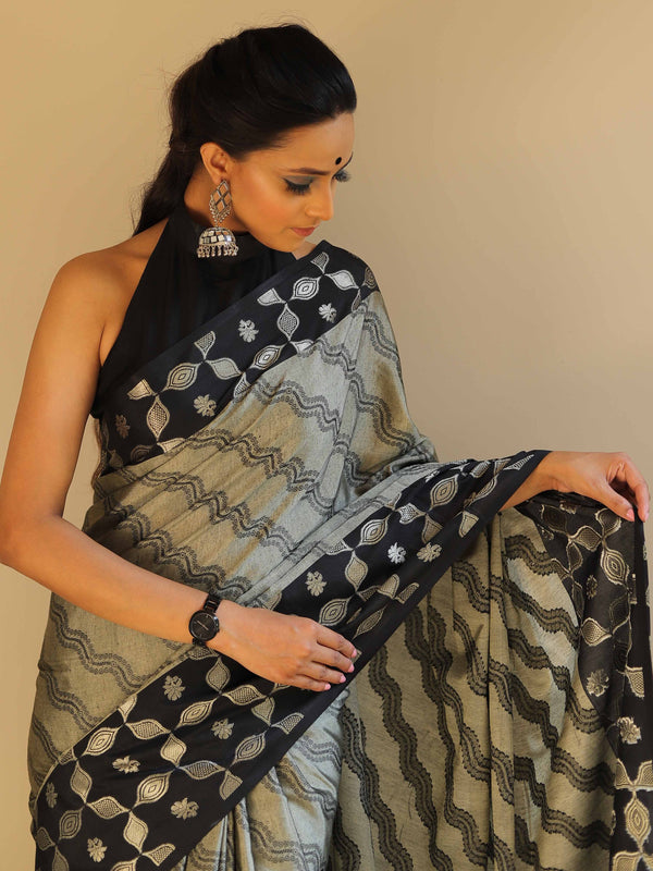 Banarasee Handloom Linen Silk Mix Saree-Grey & Black