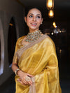 Banarasee Handwoven Plain Tissue Saree With Gold Zari Border & Lace-Yellow